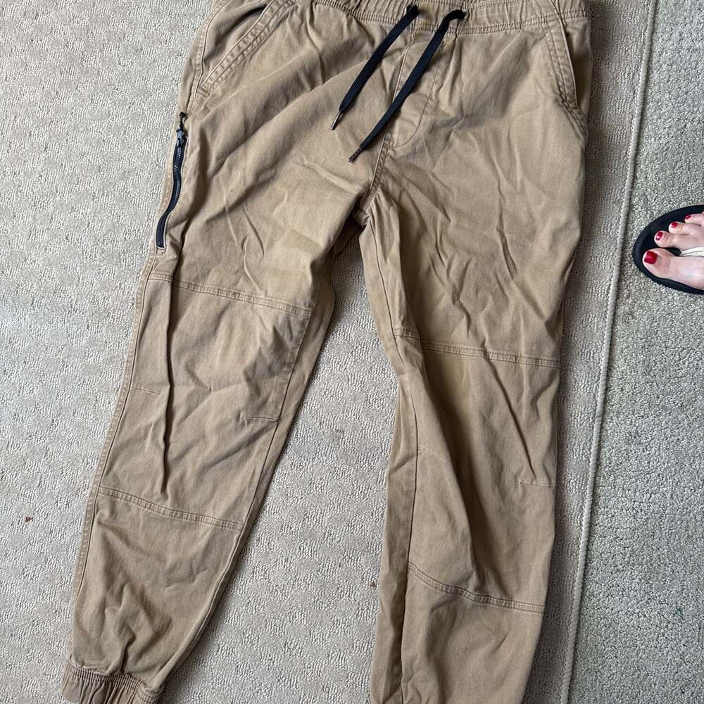 Iron Co Mens XL Heavyweight Cargo Pants Brown Elastic Waist & Drawstring Cuffed